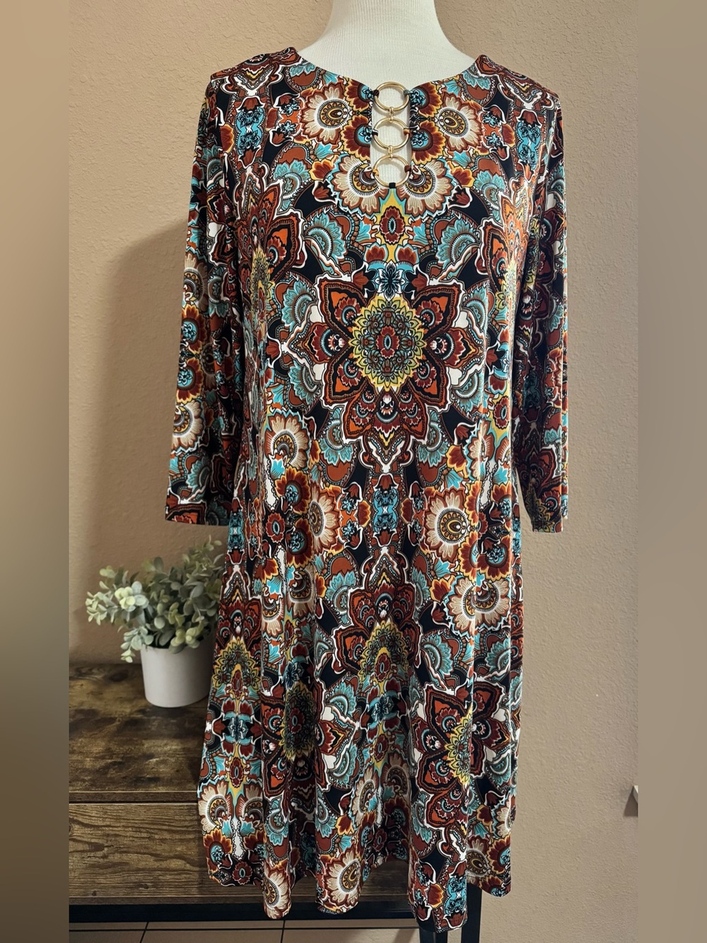 MSK Brown and Teal Medallion Long-Sleeve Dress with Ring Detail
